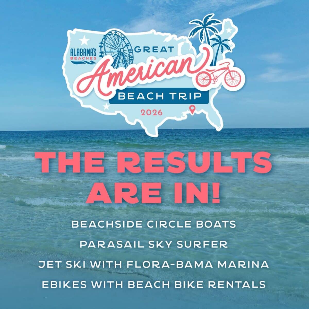 Blue-green ocean with gentle waves in foreground; overlay text announces beach activity results for the 2026 Great American Beach Trip, listing boats, parasailing, jet skiing, and bike rentals.