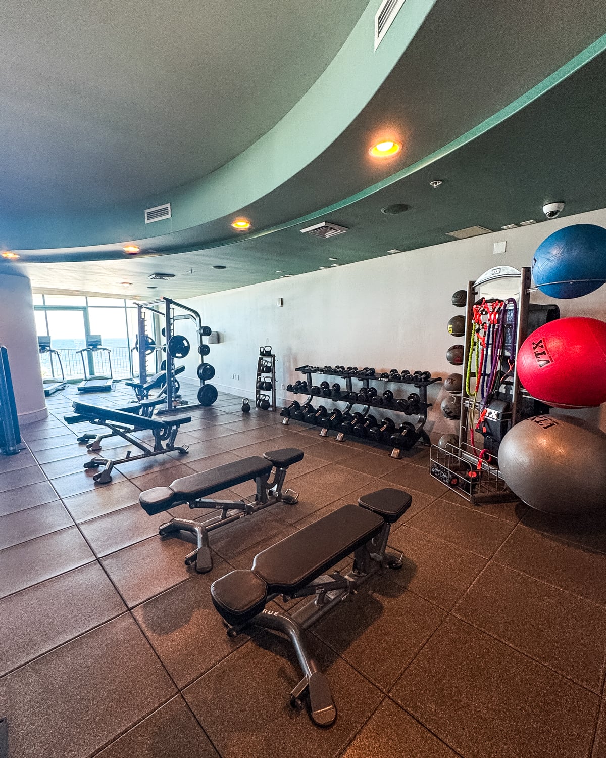 Modern gym with weight benches, free weights, medicine balls, stability balls, resistance bands, and exercise equipment near large windows.