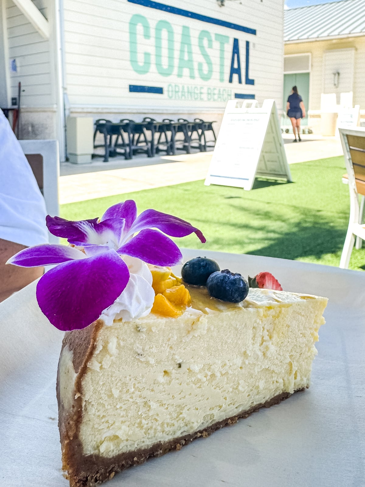 A slice of cheesecake topped with whipped cream, blueberries, mango, and a purple orchid, served outdoors at a restaurant with "COASTAL" signage in the background.