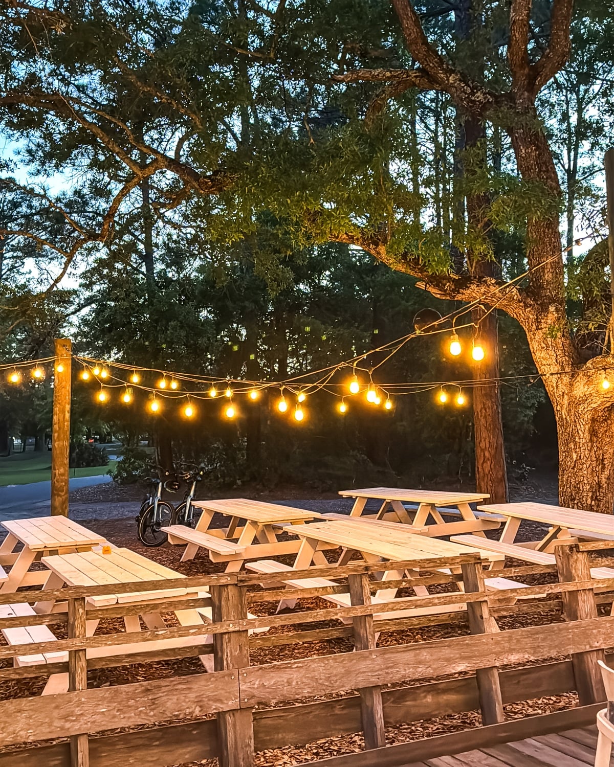 Wooden picnic tables under string lights in an outdoor setting, surrounded by trees at dusk.