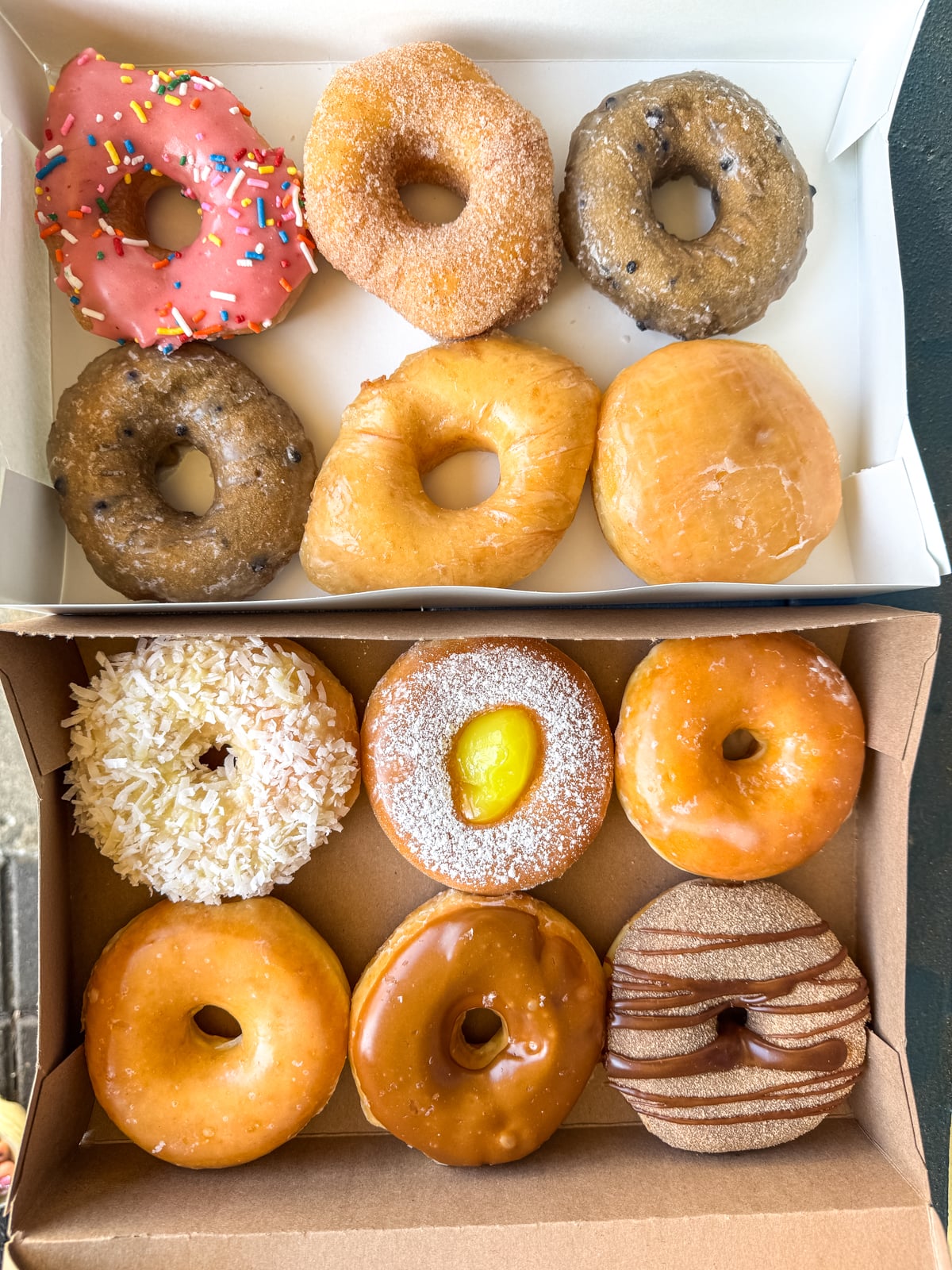 Two boxes containing a variety of nine donuts each, featuring different glazes, toppings, and fillings, arranged in rows.
