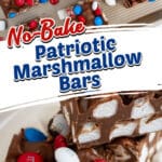 No-bake marshmallow bars topped with red, white, and blue M&M candies, shown on a baking tray and a plate.