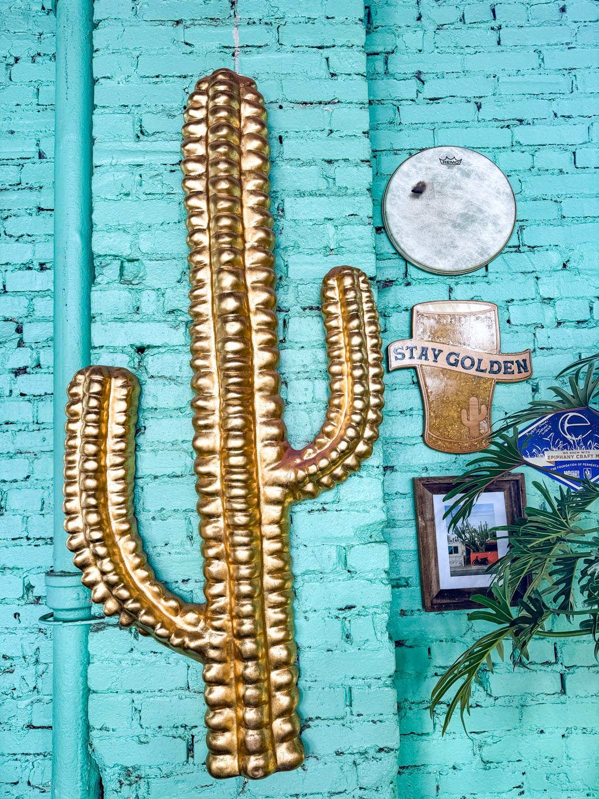 Large gold cactus sculpture mounted on a turquoise brick wall, surrounded by decorative wall art, a mirror, and a small leafy plant&mdash;perfect inspiration for those seeking creative things to do in Roanoke VA.