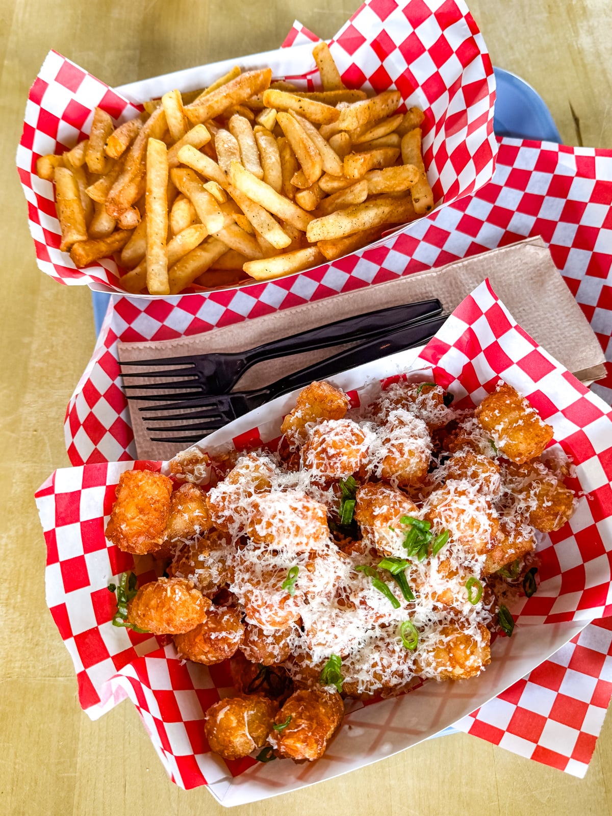 A serving of French fries and a basket of tater tots topped with grated cheese and chopped green onions on checkered paper&mdash;perfect fuel while exploring the top Things to Do in Roanoke VA, complete with napkins and black plastic forks.