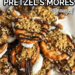 A plate of pretzel s'mores topped with melted chocolate and graham cracker crumbs, with text overlay promoting an easy recipe.