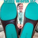 Person sitting on a couch holds up feet to show teal-bottomed Tieks ballet flats; text at top asks if Tieks ballet flats are worth it, with “Read More” button at the bottom. This eye-catching image highlights the signature teal soles of tieks ballet flats, inviting viewers to learn more about their unique comfort and style.