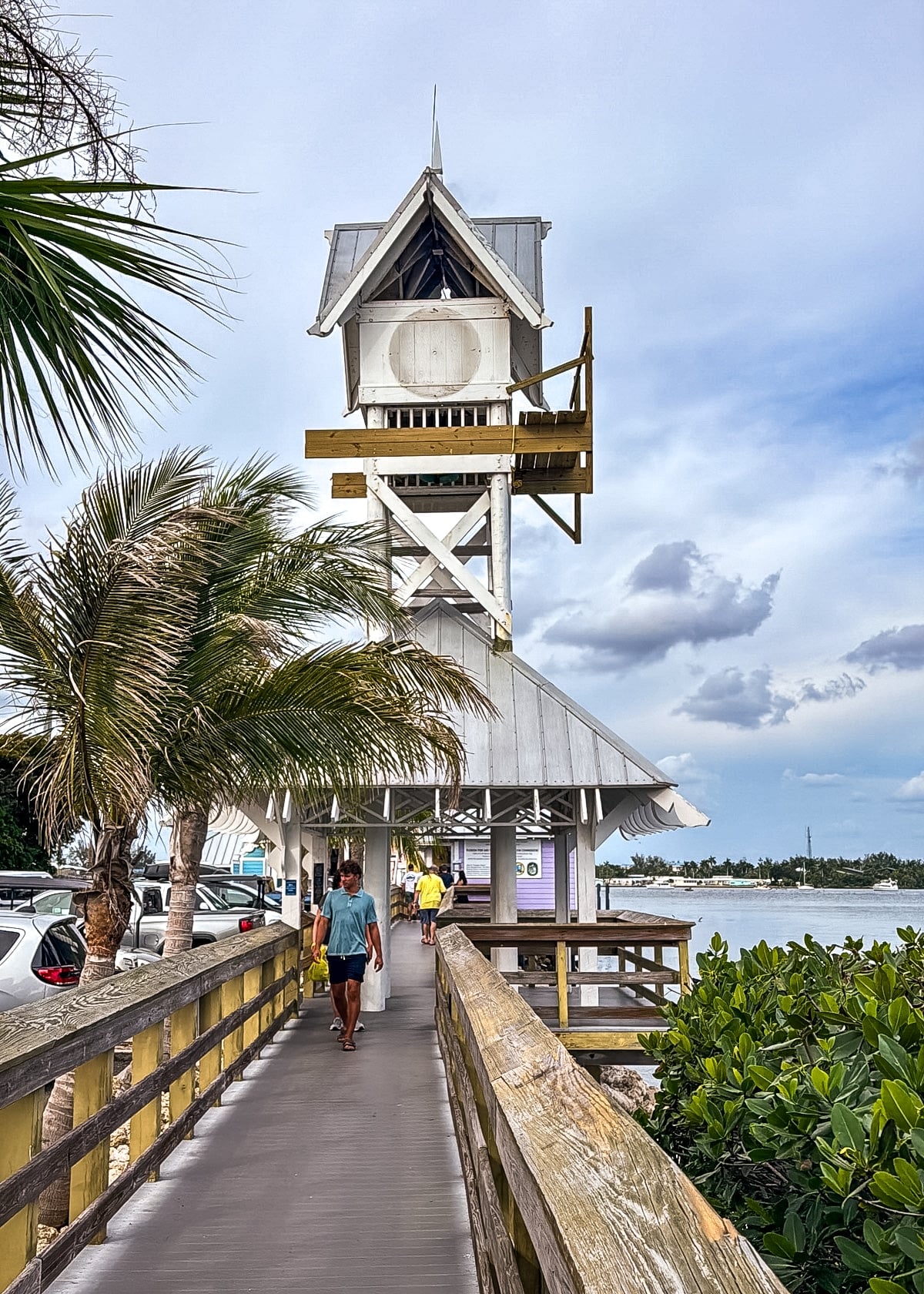 A person walks on a wooden pier toward a tall observation tower with a clock, surrounded by palm trees and water under a partly cloudy sky.